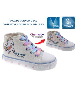 Бели детски кецове с цип и еднорог променящи цвета си на слънце снимка