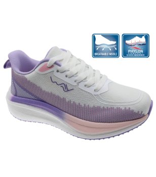 Бели дамски маратонки с плетена горна част и контрастни мотиви в лилаво и розово снимка