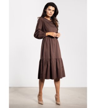 Кафява рокля миди с дълъг ръкав и волан Amy снимка