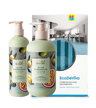 Шампоан и душ гел Маслина и маракуя с подарък Двустранна кърпа за под снимка