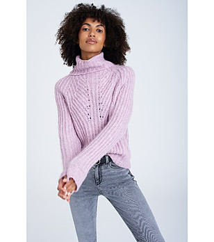 Лилав пуловер с поло яка и ажурна плетка снимка