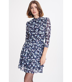 Тъмносиня рокля с флорален принт и волани снимка