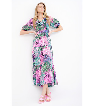 Многоцветна рокля миди с тропически принт снимка