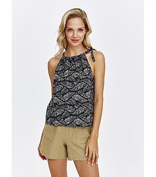 Черен топ с принт на листа и връзка на рамото снимка