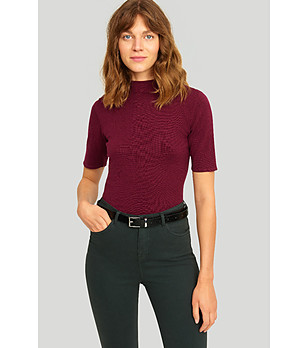 Дамски пуловер с къс ръкав в бордо снимка