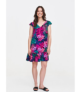 Многоцветна рокля с флорален принт и къс ръкав снимка