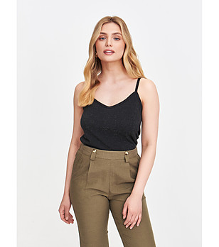 Черен потник с тънки презрамки с ламе снимка