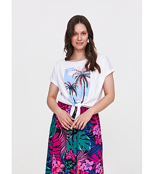 Бяла тениска с щампа PALM SPRINGS и възел отпред снимка