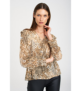 Бежова блуза с животински принт и ластичен колан снимка