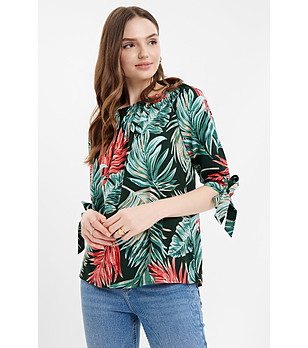 Тъмнозелена блуза с листен принт и връзки снимка