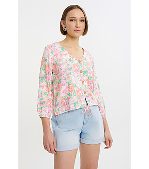 Розова блуза с флорален принт и връзка снимка