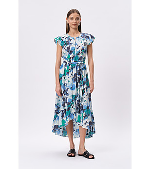 Многоцветна рокля с волани и асиметричен подгъв снимка