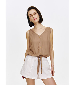 Кафяв дамски топ без ръкави с копчета и връзки снимка