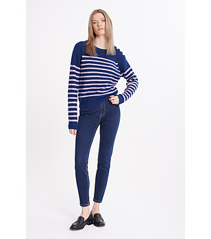 Дамски тъмносин пуловер на райе с копчета снимка