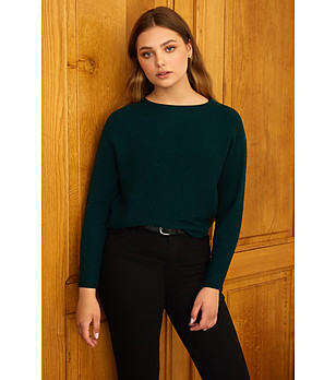 Тъмнозелен пуловер с прилеп ръкав снимка