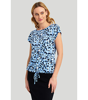 Синя блуза с къс ръкав и връзка снимка