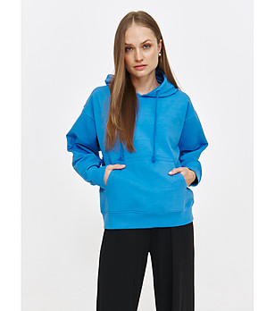 Син суитшърт с качулка и джоб кенгуру снимка