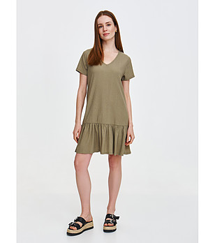 Маслено зелена рокля с къс ръкав и волан снимка