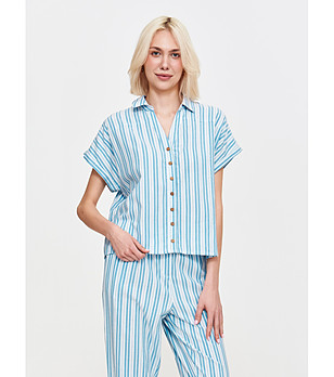 Риза в синьо на райе с къс ръкав снимка