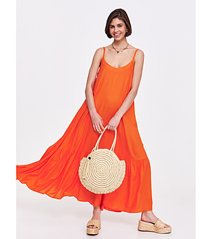 Оранжева рокля с тънки презрамки и колан снимка