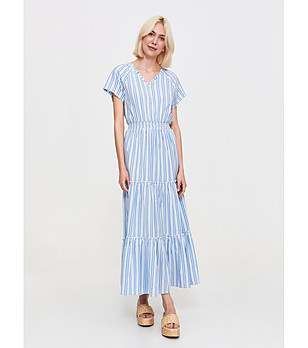 Синя раирана рокля до глезена с ластичен колан снимка