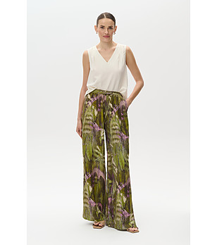 Дамски зелени панталони с широк крачол и принт снимка