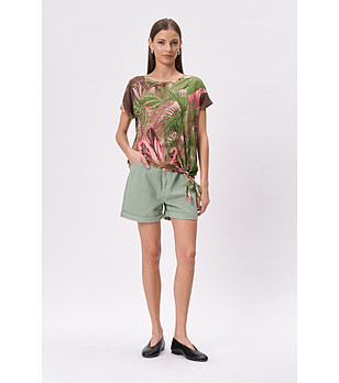 Многоцветна блуза с тропически принт и връзка отпред снимка