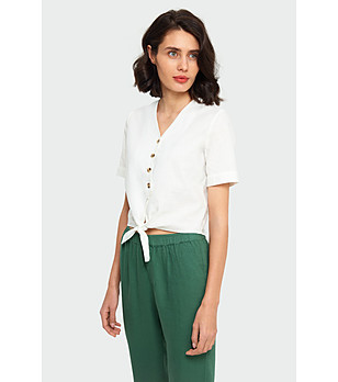 Бяла блуза с копчета и връзка отпред снимка