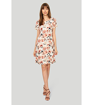 Кремава рокля с флорален принт с лен снимка