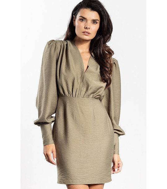 Къса рокля в цвят каки с буфан ръкави Lola снимка