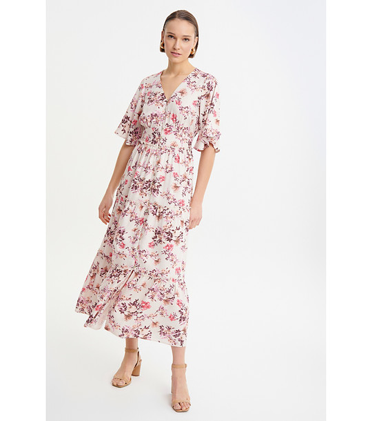 Бяла рокля с флорален принт и къс ръкав снимка