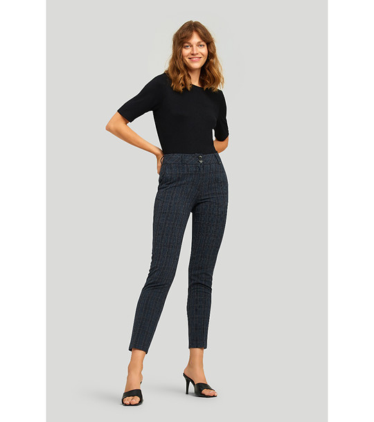 Тъмносин дамски панталон на каре с висока талия снимка