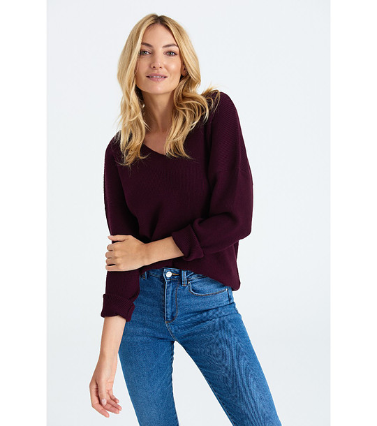 Плетена блуза с V-образно деколте в цвят бордо снимка
