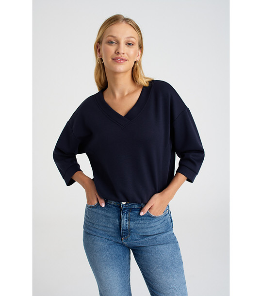 Тъмносиня блуза с V-образно деколте и 3/4 ръкав снимка