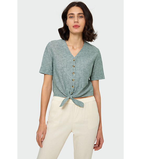 Зелена блуза с къс ръкав и връзка отпред снимка