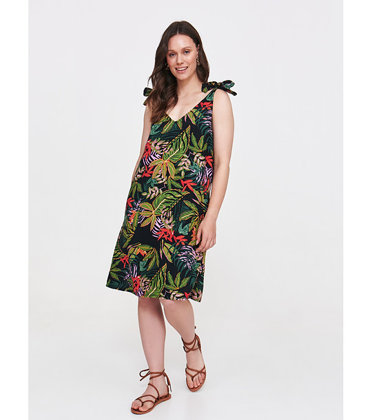 Черен рокля с тропически принт и връзки на раменете снимка