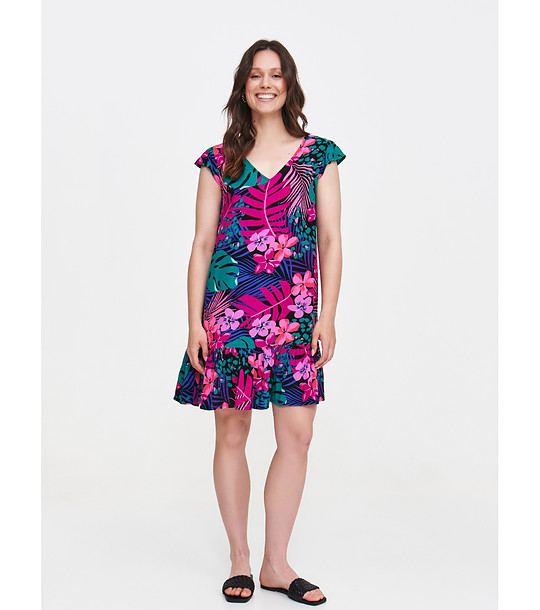 Многоцветна рокля с флорален принт и къс ръкав снимка