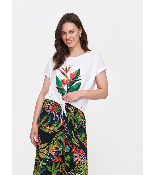 Бяла тениска с тропически принт и възел отпред снимка