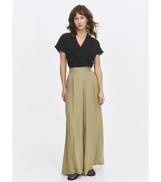 Дамски маслено зелен панталон с широк крачол снимка