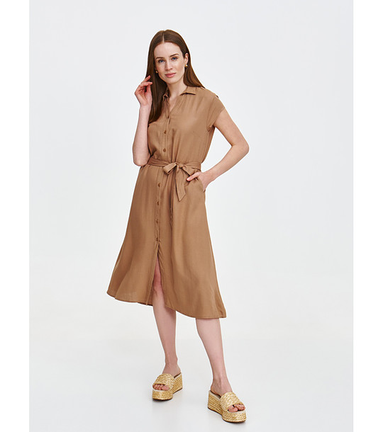 Кафява рокля риза с колан с лен снимка