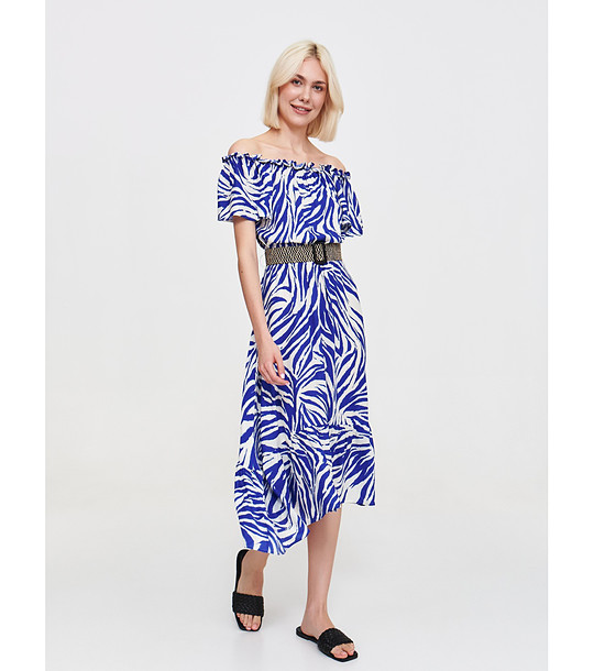 Синя рокля с животински принт с паднало рамо снимка