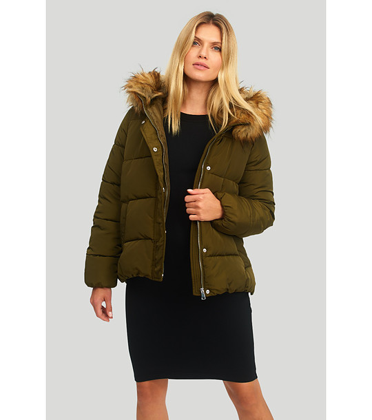 Дамско маслено зелено яке с пухена яка и качулка снимка