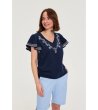 Памучна тъмносиня дамска блуза с бродерия-4 снимка