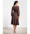 Кафява рокля миди с дълъг ръкав и волан Amy-2 снимка