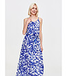 Синя дълга рокля на цветен принт с тънки презрамки-3 снимка