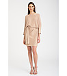 Бежова рокля с лъскав ефект и колан-3 снимка