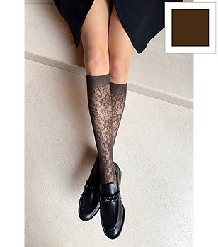 Кафяви дамски чорапи до коляното с флорален десен BELLAROSA снимка