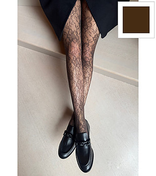 Кафяв дамски чорапогащник с флорален десен ROSA STILE снимка