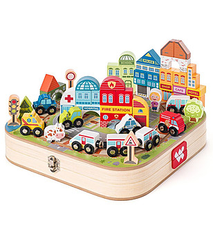 Дървен конструктор Град с колички в куфар снимка