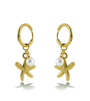 Златисти обеци халки с морска звезда и бяла перла снимка